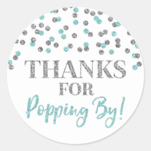 Silver Light Blue Confetti Thanks for Popping By Classic Round Sticker