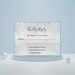 Silver light blue glitter budget wedding RSVP Flyer