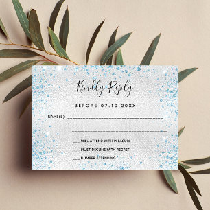 Silver light blue glitter elegant wedding RSVP Card