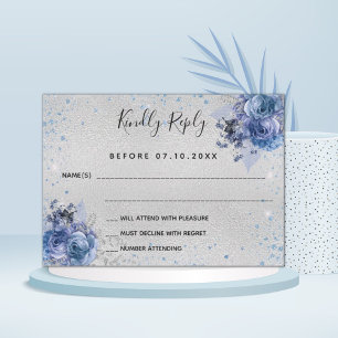 Silver light blue glitter floral wedding RSVP Card