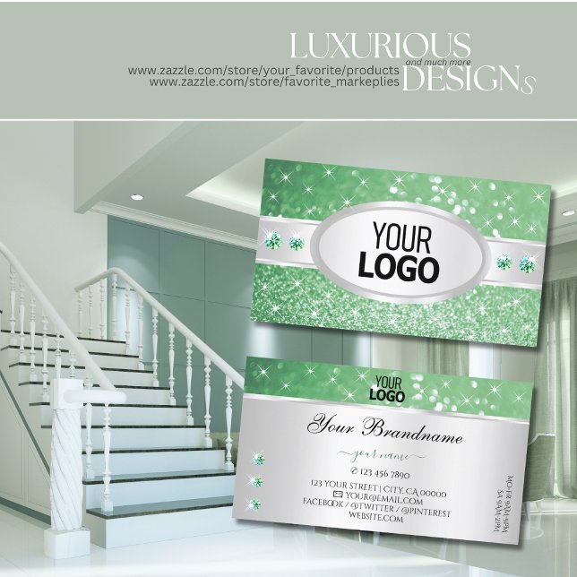 Silver Light Emerald Green Glitter Jewels add Logo Business Card (Creator Uploaded)