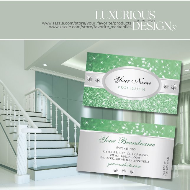 Silver Light Emerald Green Glitter Jewels Designer Business Card (Creator Uploaded)