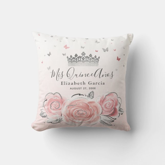 Silver Light Pink Rose Quinceanera Mis Quince Anos Cushion (Front)
