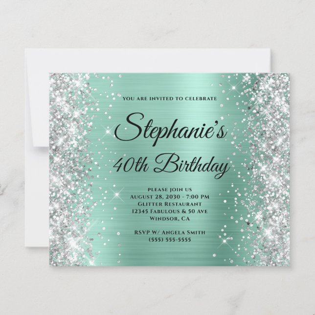 Silver Light Teal Glam Monogram 40th Birthday (Front)