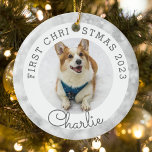 Silver Lights Pet's First Christmas Photo Ceramic Tree Decoration<br><div class="desc">Custom-designed pet's first Christmas photo ornament featuring custom pet's photo and name on silver Christmas lights background.</div>