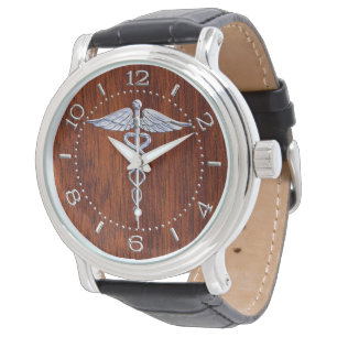 Silver Like Caduceus Medical Symbol Mahogany Dial Watch