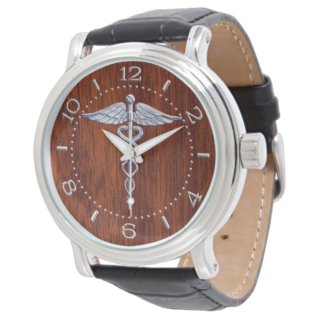 Silver Like Caduceus Medical Symbol Mahogany Dial Watch (Angled)