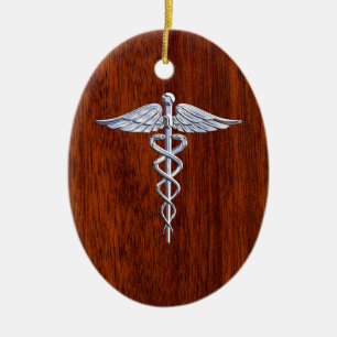 Silver Like Caduceus Medical Symbol Mahogany Print Ceramic Tree Decoration