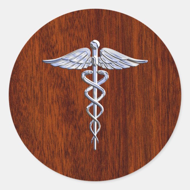 Silver Like Caduceus Medical Symbol Mahogany Print Classic Round Sticker (Front)