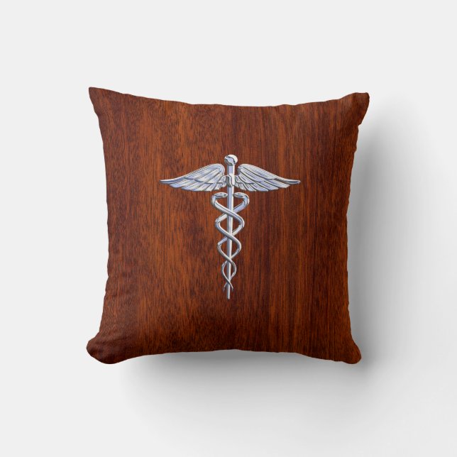Silver Like Caduceus Medical Symbol Mahogany Print Cushion (Front)