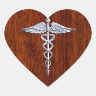 Silver Like Caduceus Medical Symbol Mahogany Print Heart Sticker