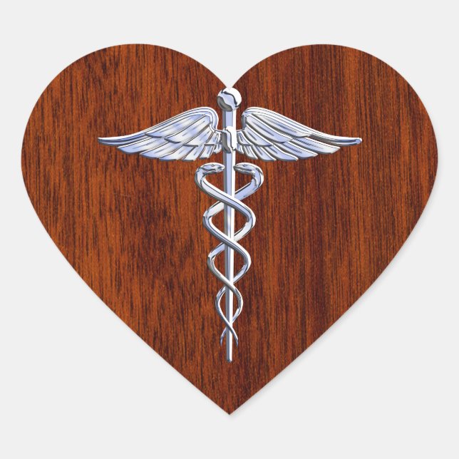 Silver Like Caduceus Medical Symbol Mahogany Print Heart Sticker (Front)