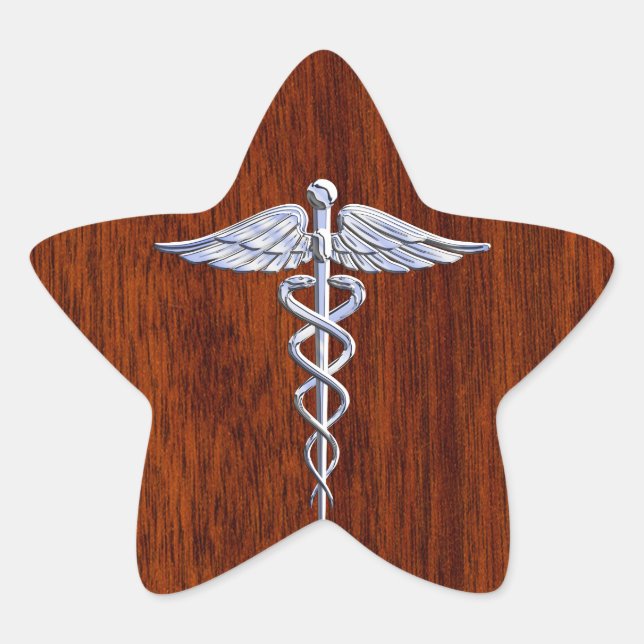 Silver Like Caduceus Medical Symbol Mahogany Print Star Sticker (Front)