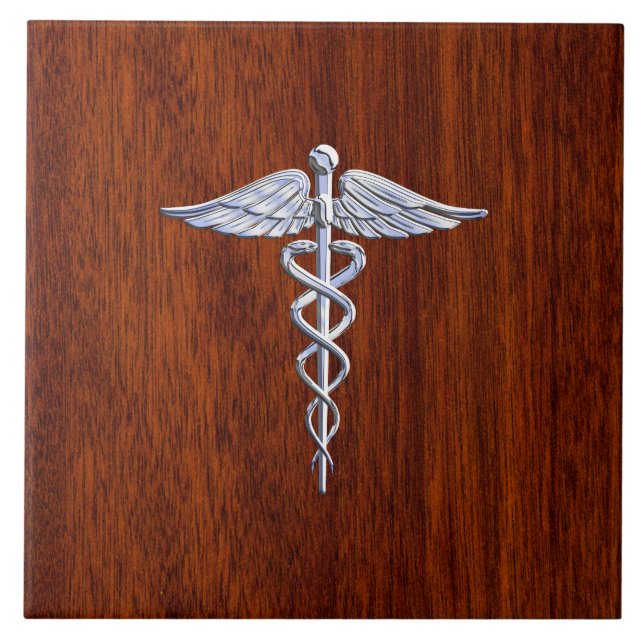 Silver Like Caduceus Medical Symbol Mahogany Print Tile (Front)