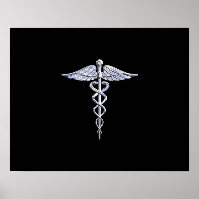 Silver Like Caduceus Medical Symbol on Black Decor (Front)