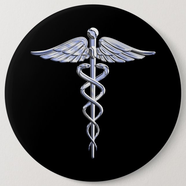 Silver Like Caduceus Medical Symbol on Black Decor 6 Cm Round Badge (Front)