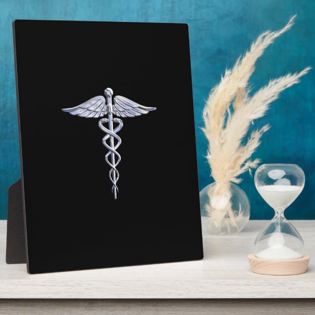 Silver Like Caduceus Medical Symbol on Black Decor Plaque (Side)