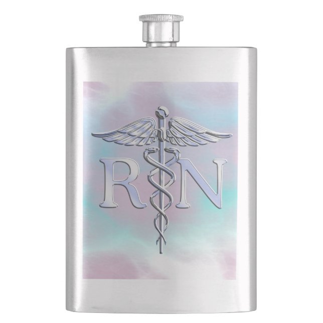 Silver Like RN Caduceus Medical Mother Pearl Hip Flask (Front)