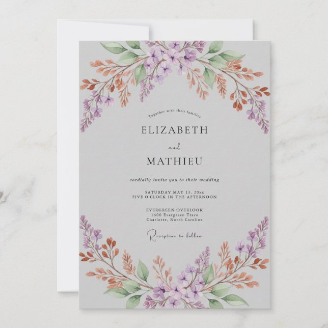 Silver Lilac Leaf Wedding Invitation (Front)