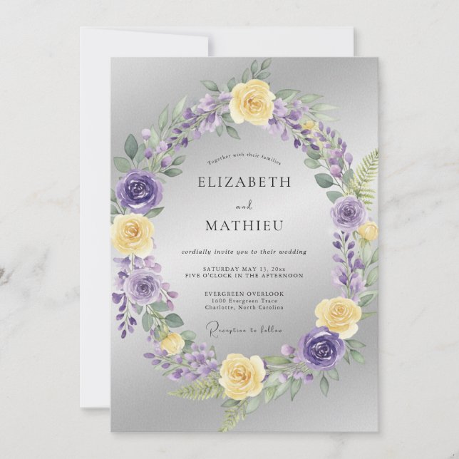 Silver Lilac Wreath Wedding Invitation (Front)