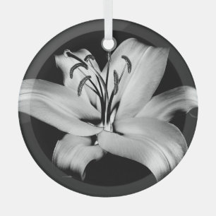 Silver Lily: Monochrome Floral Elegance. Glass Tree Decoration