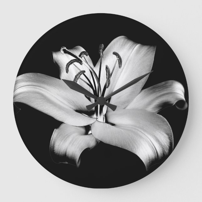 Silver Lily: Monochrome Floral Elegance. Large Clock (Front)