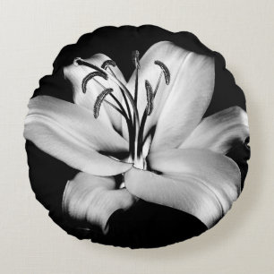 Silver Lily: Monochrome Floral Elegance. Round Cushion