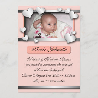 Silver Lining Hearts Peach Birth Announcements