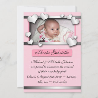 Silver Lining Hearts Pink Birth Announcements