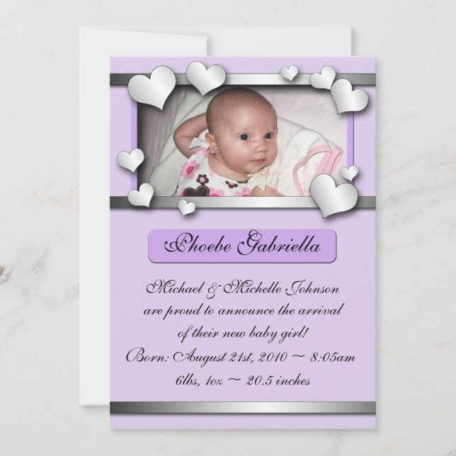 Silver Lining Hearts Purple Birth Announcements (Front)