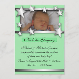 Silver Lining Stars Green Birth Announcements