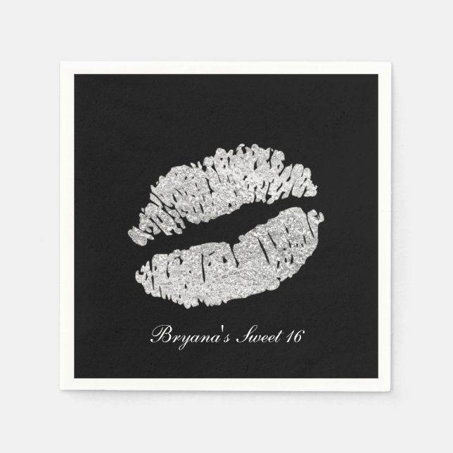 Silver Lips Faux Sparkle Kiss Beauty Makeup Party Napkin (Front)