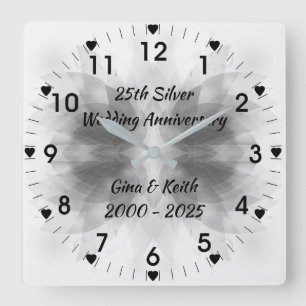 Silver Lotus 25th Silver Wedding Anniversary Square Wall Clock