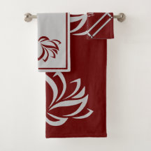 Silver Lotus and Burgundy Bath Towel Set
