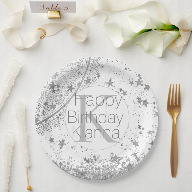 Silver Lotus Mandala Stars Monogram Birthday Paper Plate (Wedding)