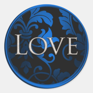 Silver Love Blue and Black Damask  Envelope Seal