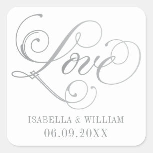 Silver Love Script Elegant Monogram Wedding Square Sticker