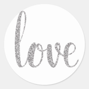 Silver love stickers, glitter font classic round sticker