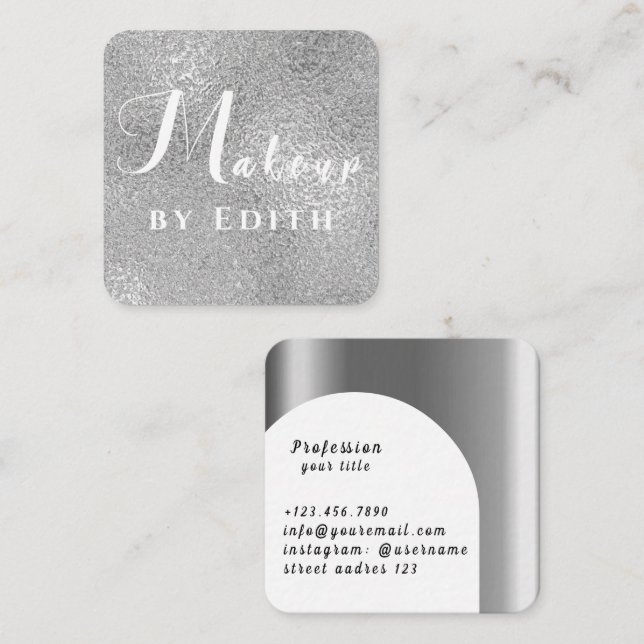 Silver Luxury Glitter Marble Makeup Square Business Card (Front/Back)