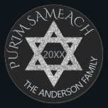 Silver Magen David Custom Purim Any Holiday Classic Round Sticker<br><div class="desc">Create your own custom Purim stickers with this elegant faux silver glitter Magen David design or edit PURIM SAMEACH for any holiday or occasion. The grey silver Star of David is accented by an optional year in dark silvery grey in the centre and two soft grey silver text templates in...</div>