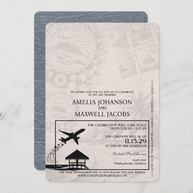 Silver Maldives Passport Wedding Invitation (Front/Back)