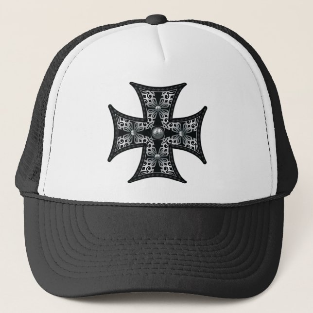 Silver Maltese Cross Trucker Hat (Front)