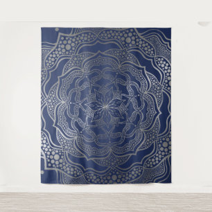 Silver Mandala Boho Chic Elegant Navy Blue Elegant Tapestry