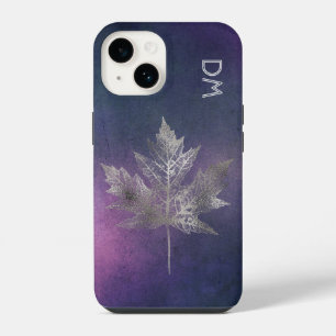 Silver Maple Leaf on Pink Purple Monogram iPhone 14 Case