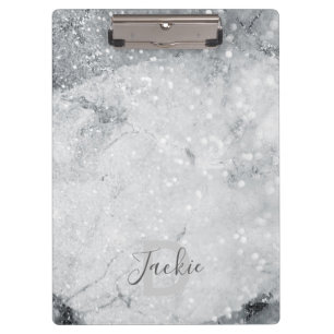 Silver Marble and Glitter Sparkle Monogrammed Clipboard