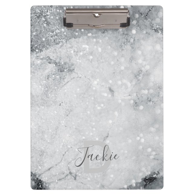 Silver Marble and Glitter Sparkle Monogrammed Clipboard (Front)
