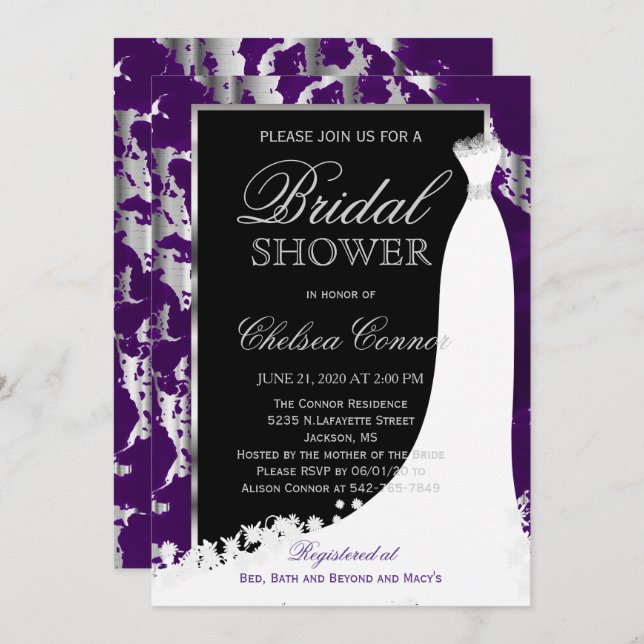 Silver Marble, Black and Purple Bridal Invitation (Front/Back)