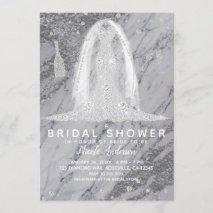 Silver Marble Diamond Wedding Dress Bridal Shower Invitation