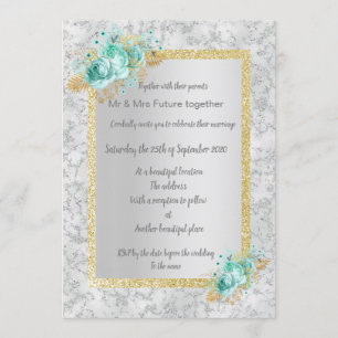 Silver marble floral wedding with aqua floral gold invitation