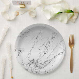 Silver Marble Glam Glitter Paper Plate